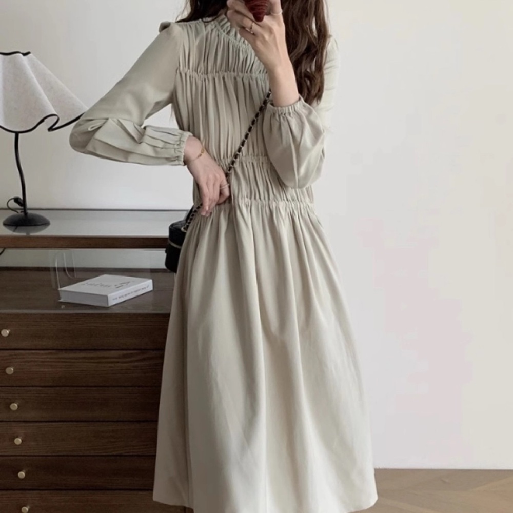 Korean beige grey Classic Ruched Long Sleeves Dress